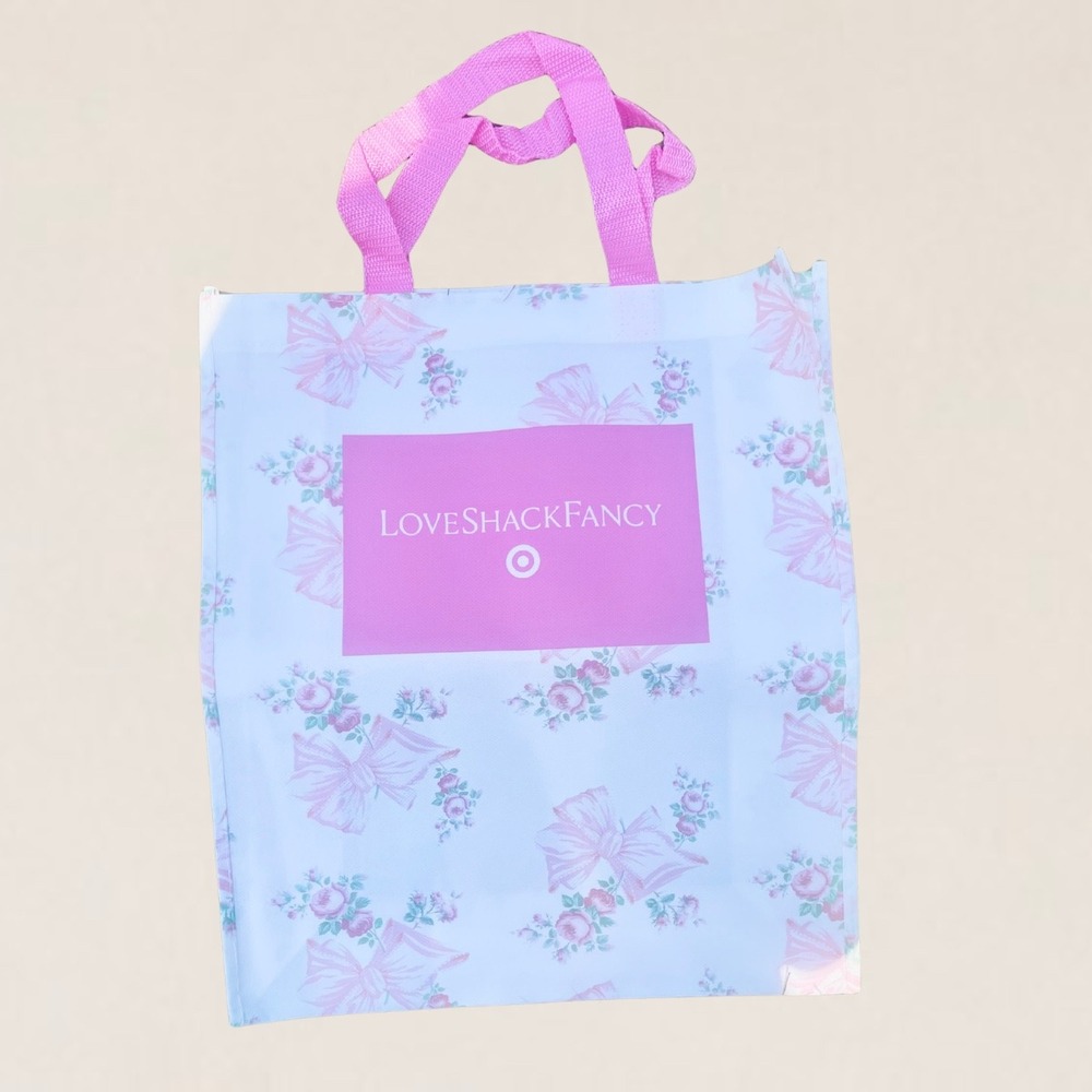 LoveShackFancy Target Reusable Shopping Tote Bag Pink Floral Bow Print NEW - Picture 3 of 3